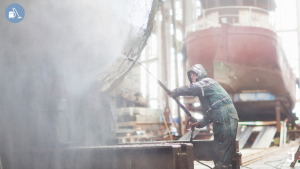 Operario usando equipo de limpieza industrial en fábricas